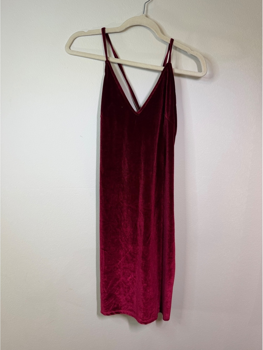 Burgundy Velvet Spaghetti Strap Mini Dress with Back Tie Detail